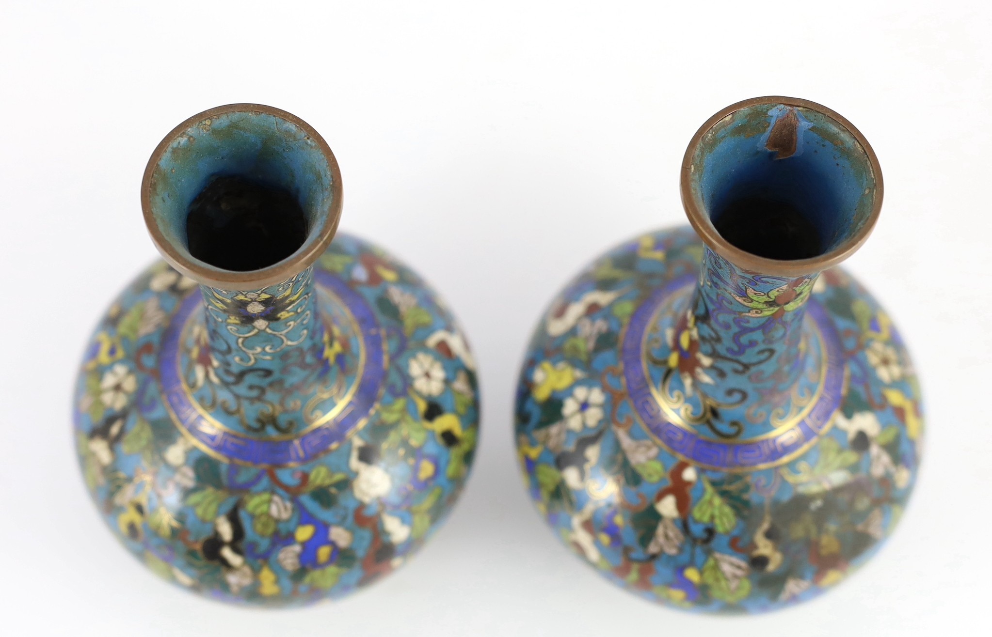A pair of Chinese cloisonné enamel ‘gourd vine’ vases, early 19th century, 18cm high